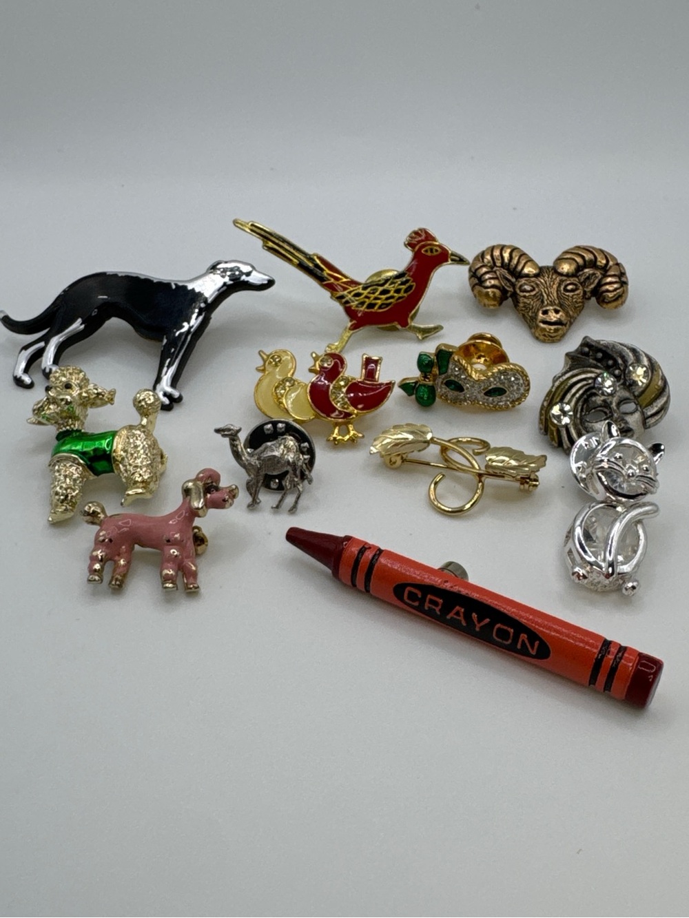 Vintage Enamel Animal & Novelty Lapel Pins Lot Poodles Cat Ram Crayon